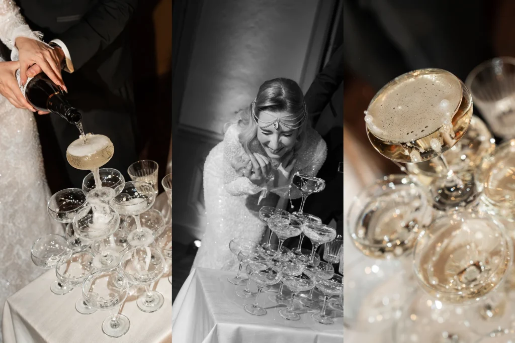 Champagne tower matrimonio: sposi versano lo spumante sulla piramide di coppe durante il brindisi di ricevimento