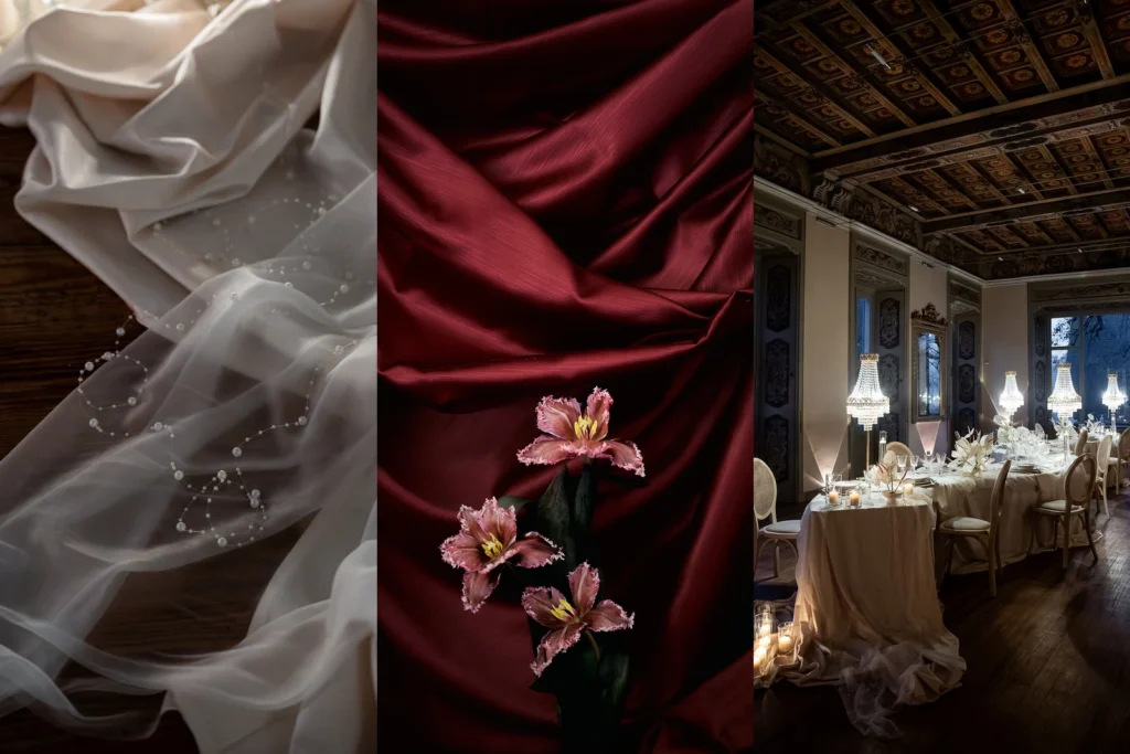Colori matrimonio 2026: organza con perle, tulipani su seta bordeaux e sala allestita con lampadari di cristallo