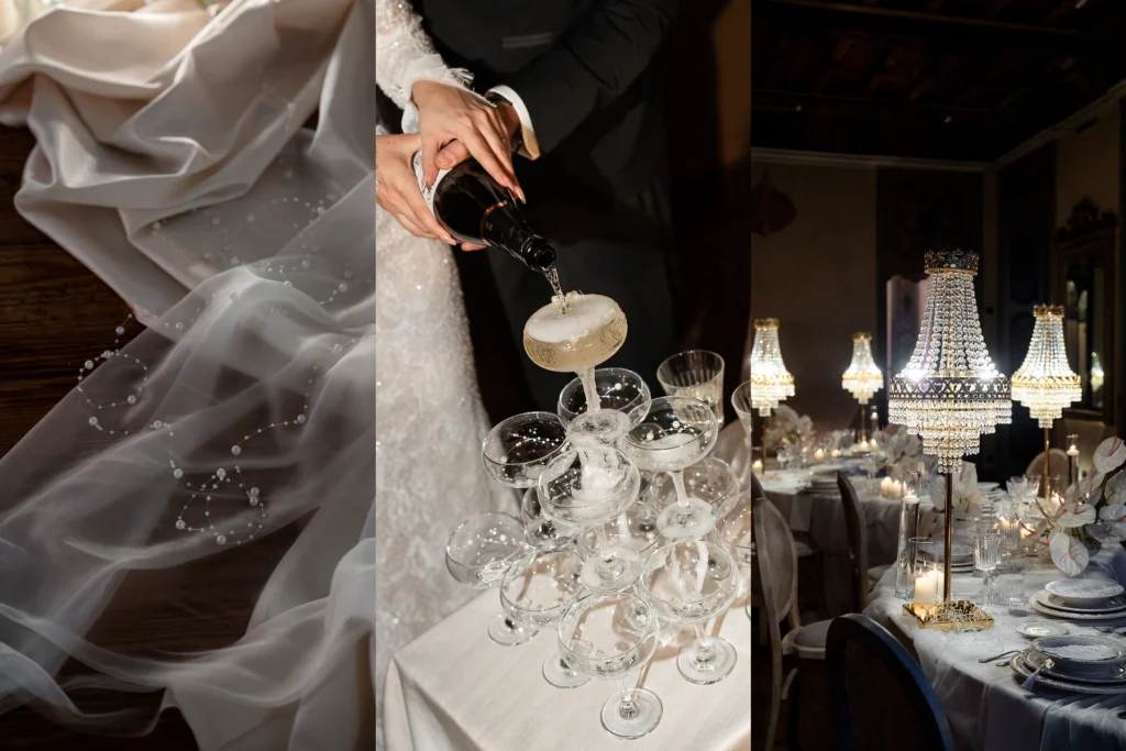 Tendenze matrimonio 2026 2027: drappeggi con perle, champagne tower e tavoli con lampadari di cristallo