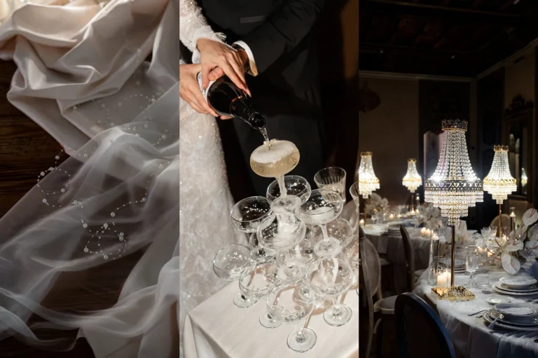 Tendenze matrimonio 2026 2027: drappeggi con perle, champagne tower e tavoli con lampadari di cristallo