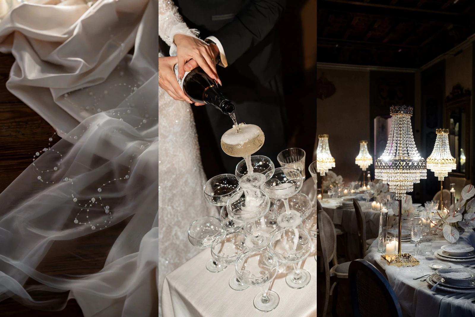 Tendenze matrimonio 2026 2027: drappeggi con perle, champagne tower e tavoli con lampadari di cristallo