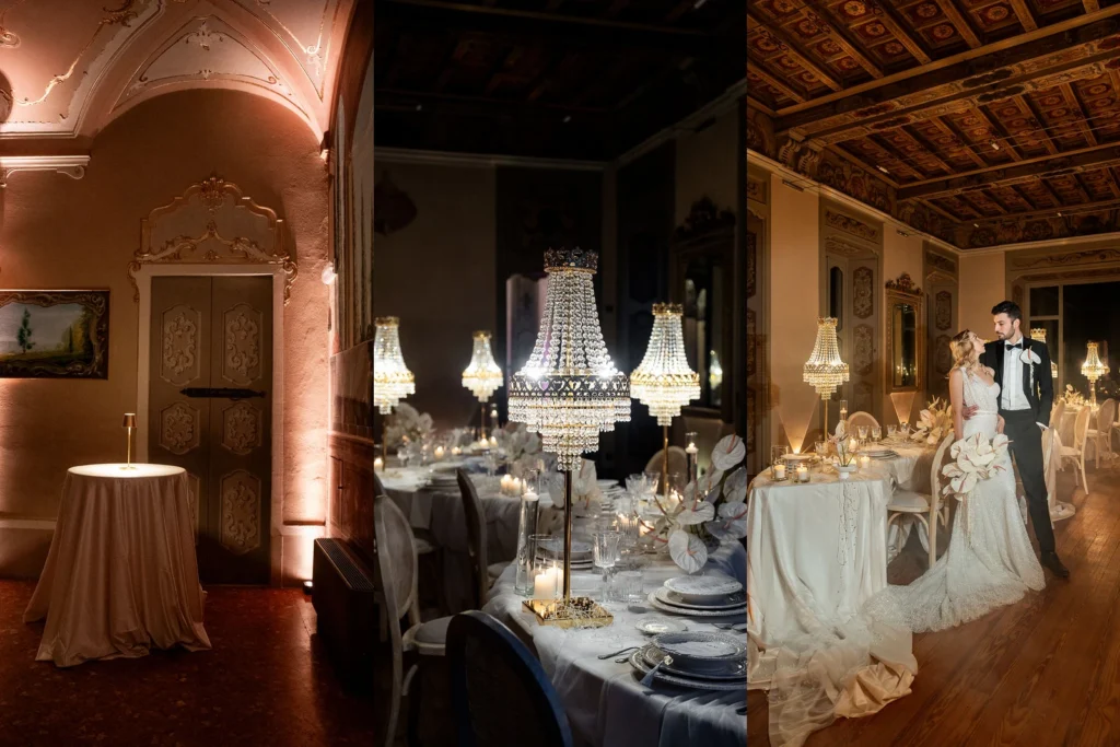 Allestimenti matrimonio 2026: illuminazione d'atmosfera in villa storica, tavoli con lampadari di cristallo e sposi in sala